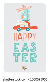 Funny cute colorful greeting Happy Easter card with Easter eggs, red car and fective lettering. Doodle outline thin line style vector illustration on white background