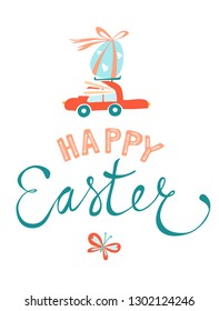 Funny cute colorful greeting Happy Easter card with Easter eggs, red car and fective lettering. Doodle outline thin line style vector illustration on white background