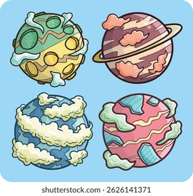 Funny and cute colorful imaginative planets cartoon illustration set