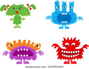 funny cute colorful monsters with big open mouths and different emotions on a transparent background Isolated. Vector illustration