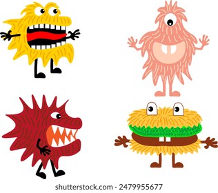 funny cute colorful monsters with big open mouths and different emotions on a transparent background Isolated. Vector illustration