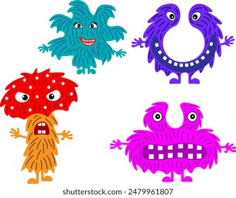 funny cute colorful monsters with big open mouths and different emotions on a transparent background Isolated. Vector illustration