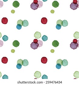Funny and cute colorful watercolor dots seamless vector pattern on white background. Vectorized watercolor painting.