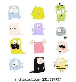 Funny and Cute Colourful Monsters for Halloween on White Background. Vector Illustration