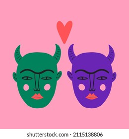 Funny cute comic devils Valentines doodle characters handdrawn cartoon funky trendy style vector illustration