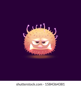 Funny cute comic fury round monster character with big teeth the cartoon vector illustration isolated on dark background. Monster or space alien glowing icon for apps.