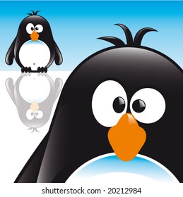 Funny Cute Comic Style Penguin sitting on the ice in front of you