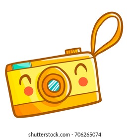 Funny and cute cool yellow pocket camera smiling happily - vector.