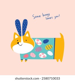 Funny cute corgi dog with bunny ears wearing a sweater with an egg pattern. Vector drawn Easter card.