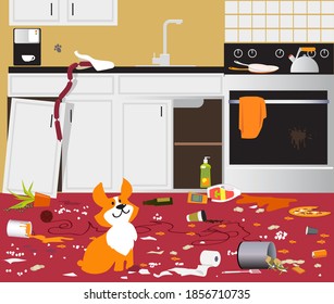 Funny Cute Corgi Dog Sitting In A Messy Kitchen That He Destroyed While Owners Were Away, EPS 8 Vector Illustration 
