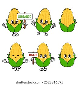 Conjunto de Paquete de personajes de maíz lindo divertido. Vector dibujado a mano estilo doodle tradicional de dibujos animados vintage, diseño de ilustración de personajes retro. Fondo blanco aislado. Maíz feliz