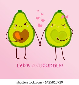 Funny Cute Couple Avocado Kawaii Cartoon Style. Slogan Text “Let's Avocuddle” Pun Lettering For Valentine’s Day Card Design. Hand Drawn Vector Illustration.
