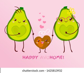 Funny cute couple avocado kawaii family with kid cartoon style. Happy little boy slogan text “Happy avohome” pun lettering for poster banner card design. Hand drawn vector illustration.
