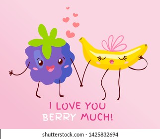 Funny cute couple avocado kawaii cartoon style. Slogan text “i love you berry much” pun lettering for valentine’s day card design. Hand drawn vector illustration.
