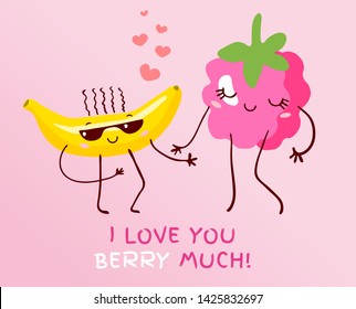 Funny cute couple avocado kawaii cartoon style. Slogan text “i love you berry much” pun lettering for valentine’s day card design. Hand drawn vector illustration.
