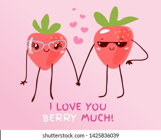 Das süße Paar avocado kawaii Cartoon Stil. Slogan-Text "I love you berry vieles" pun-Schrift für Valentins Tageskartendesign. Handgezeichnete Vektorgrafik.
