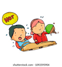 Funny and cute couple getting hot temperature in a car - vector.