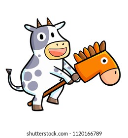 Funny and cute cow playing horse ride - vector