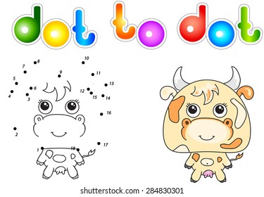 Funny and cute cow. Vector illustration for children. Dot to dot game
