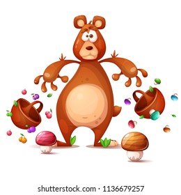 Funny, cute, crazy bear collects berries. Cartoon illustration Vector eps 10