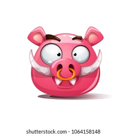 Funny, cute, crazy boar smiley. Symbol of 2019 Vector eps 10
