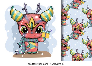 Funny, cute, crazy monster characters. greeting card. Merry Christmas