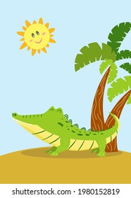 Funny cute crocodile lies on the sand under the sun near a palm tree. Vector illustration in cartoon style. Design concept about summer vacations for children's design