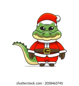 Funny and cute crocodile mascot, wearing santa claus costume, cartoon animal with sparkling brown eyes, front view. kawaii styles, flats, for kids and adults, for stickers. merry christmas. 