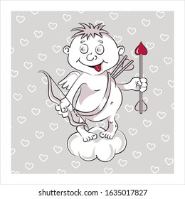 A funny cute cupid with a bow and arrow in his hands stands on a cloud and smiles in a cartoon style on a gray background with white hearts. Ready card for Valentine's day in vector style.