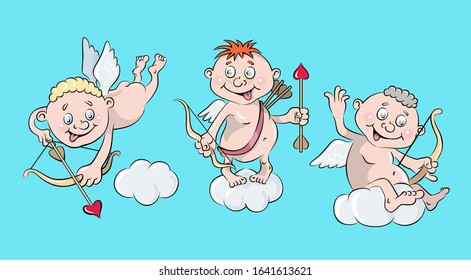 
Funny cute cupid with a bow and arrow in his hands flies, stands and sits on a cloud and smiles in cartoon style on a blue background. Ready card for Valentine's day in vector style. Ready-made card 