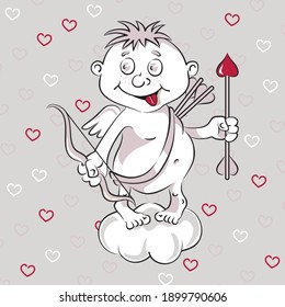 A funny cute cupid with a bow and arrow in his hands stands on a cloud and smiles in a cartoon style on a gray background with white and red hearts. Ready card for Valentine's day, wedding. Vector
