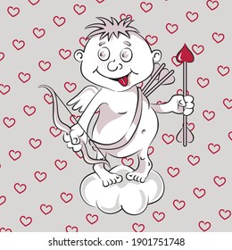 A funny cute cupid with a bow and arrow in his hands stands on a cloud and smiles in a cartoon style on a gray background with red hearts. Ready card for Valentine's day, wedding in vector style.
