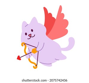 Funny cute cupid cat with wings and bow with heart arrow vector illustration for valentine's day or wedding greeting card