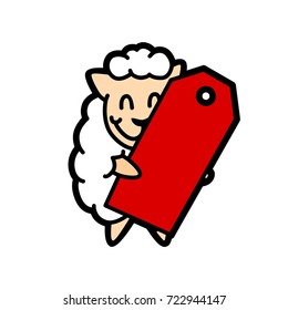 funny cute curly sheep mascot vector illustration with price tag, sale or discount tag