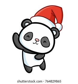 Funny and cute dancing panda wearing Santa's hat for Christmas and smiling - vector.