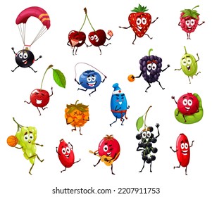 Graciosos personajes adorables bailando, deportivos y relajantes de berry de dibujos animados. Fresa vectorial, cereza, frambuesa, uva, moras y arándanos, arándanos, guisantes, cadera, grosella negra, cerezas de miel y moras