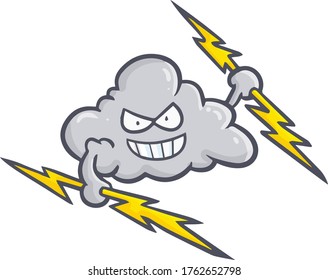 Funny and cute dark cloud holding thunders and smiling