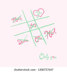 Funny and cute declaration of love in the form of the game Tic-Tac-Toe. Postcard, invitation, congratulations.