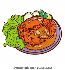 Funny and cute delicious "Kepiting Saus Tiram", a traditional crab cuisine from Balikpapan, Indonesia - vector