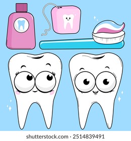 Funny cute dental hygiene set with cartoon teeth characters smiling, a toothbrush and dental floss. Cute kids dentist office cartoons. Vector illustration