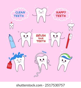 Funny cute dental hygiene set with cartoon teeth characters smiling. Clean and happy teeth, brush your teeth sign. Cute kids dentist office cartoons. Vector illustration