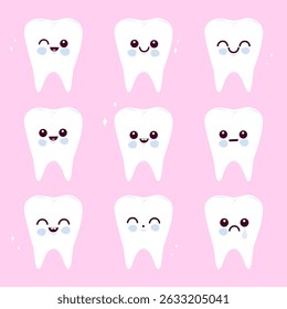 Funny cute dental hygiene set with cartoon teeth characters smiling. Cute kids dentist office cartoons. Dental hygiene tooth set. Children dentistry, oral hygiene characters. Vector illustration