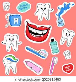 Funny cute dental hygiene sticker set with cartoon teeth characters smiling. Clean and happy teeth sign label. Cute kids dentist office sticker pack, cartoon patches, labels, tags. Vector illustration