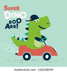 Funny, cute dinosaur with car