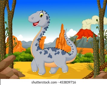 funny cute dinosaur cartoon in the jungle with landscape background