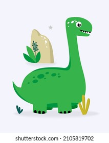 Funny cute dinosaur green on a light background. For textiles, packaging paper, posters, backgrounds, decoration of childrens parties. Vector illustration