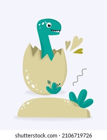 Funny cute dinosaur in an orange egg on a light background. For textiles, packaging paper, posters, backgrounds, decoration of childrens parties. Vector illustration