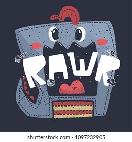 Funny cute dinosaur rawr on isolated background illustration vector, T-Shirt design for kids.