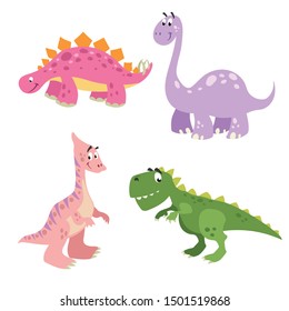 Funny cute dinosaurs set. Brontosaurus, Tyrannosaurus rex, Stegosaurus and Parasaurolophus. Cartoon flat style. Vector illustrations. 