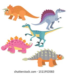 Funny cute dinosaurs set. Triceratops, Velociraptor, Ankylosaurus, Spinosaurus and Triceratops. Cartoon flat style. Vector illustrations. 